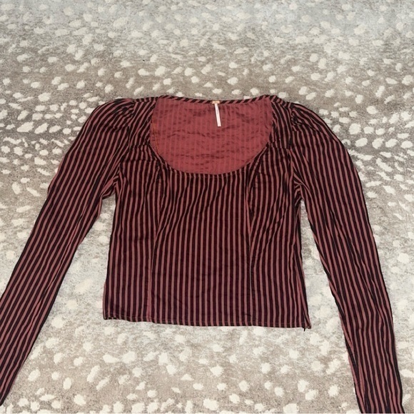 Free People Caroline Red & Black‎ Stripe Long Sleeve Top - Picture 2 of 11